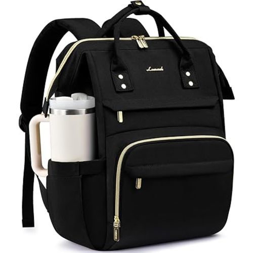 LOVEVOOK Laptop Backpack for Women with Giant Tumbler Holder Pocket,17 inch Waterproof Travel Backpack Purse Computer Laptop Bag,Professional Work College Nurse Teacher Backpack Casual Daypack,Black