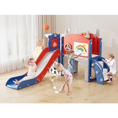 XJD Toddler Slide,12 in 1 Kids Slide for Toddlers 1-3, New Upgrade with Golf Set, Basketball Hoop, Drawing Board for Indoor Outdoor Playset,Toddler Playground (Red Blue)