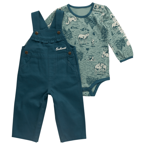Carhartt Horse Print Long-Sleeve Bodysuit and Canvas Overalls 2-Piece Set for Babies
