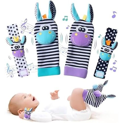 Baby Cartoon Animal Wrist Bell Rattle Socks New Toddler Wrist Strap Socks Set(giraffes02)