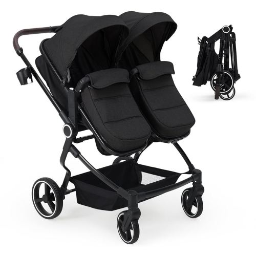 Side by Side Double Stroller for Twins, Lightweight Compact Foldable Baby Travel Stroller with High Landscape Seat, Adjustable Canopy & Recline for Infant and Toddler, Black
