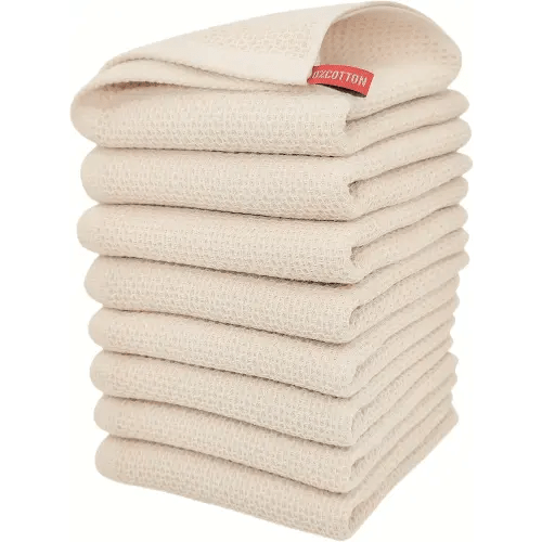 Kitchen Hand Towels 100% Cotton Waffle Weave Dish Towel for Cleaning Drying - Extra Absorbent and Soft - 13 x 28 inch (Beige-8 Pack)