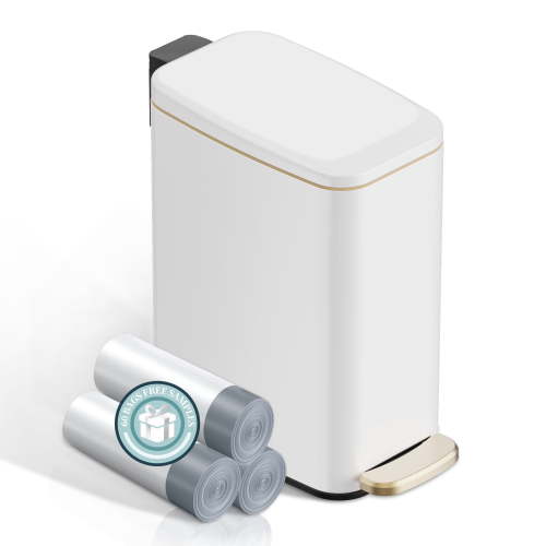 KSSKSS 1.6 Gallon/6L Small Bathroom Steel Step Trash Can, Soft-Close Lid & Fingerprint-Proof, Slim Wastebasket for Narrow Spaces (White)