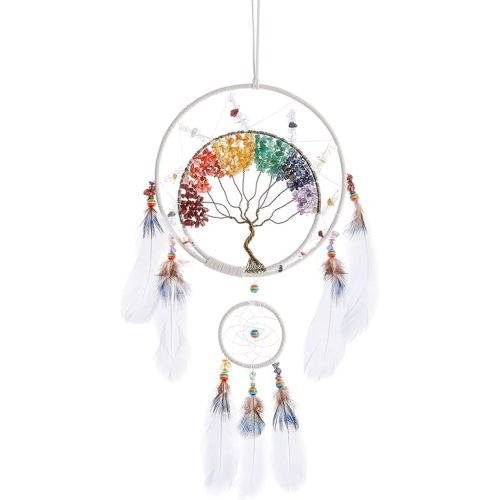 7 Chakras Tree of Life Dream Catcher Wall Decor with Rainbow Healing Crystal Stone Handmade White Feather DreamCatchers Wall Hanging Ornaments for Bedroom Home Decor Blessing Gift Wedding Party-23.6"