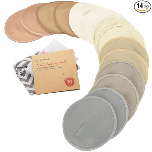 Organic Nursing Pads, 14 Washable Breast Pads,Wash Bag (Earth, L 5")