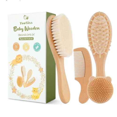 Yoofoss 4 Piece Baby Brush and Comb Set, Wooden Baby Brush with Natural Ultra Soft Goat Hair, Baby Hair Brush for Newborn, Baby Brush Set for Boy Girl