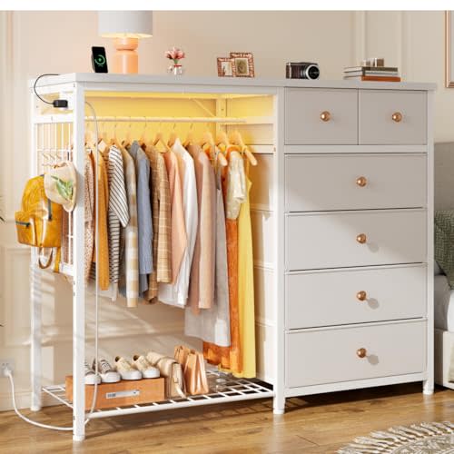 EnHomee 49.2" W Dresser with Hanging Rack & 6 Fabric Drawers for Bedroom, Featuring LED Lights and Charging Station, White Fabric Dressers & Chest of Drawers with Grid Panel & 4 Hooks, Wooden Top
