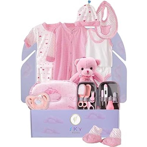 Sky Bliss 20 Piece Baby Gift Set (Pink), Newborn Baby Gift Set, Baby Clothes, Teddy Bear, Pacifier, Baby Grooming kit, Gifts for a New Baby Girl, Baby Girl Newborn Essentials