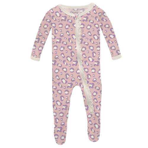 Print Muffin Ruffle Footie with 2 Way Zipper in Baby Rose Cheetah Print