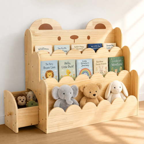 TinyPalsa Kids Bookshelf, Montessori Baby Bookcase, Cute Bear Design, 3-Tier, Large Capacity with Side Storage, Safe & Stable Wooden Bookshelf for Kids Rooms
