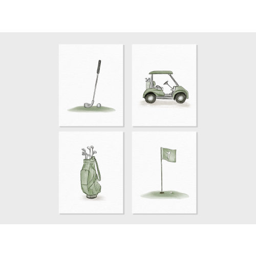 Watercolor Golf Art | Golf Cart, Flag, Club and Golf Bag | Golf Theme Wall Decor, Sage Green, Baby Nursery Gift, Kids Room | Prints UNFRAMED