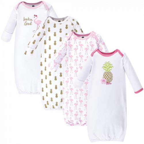 Hudson Baby Infant Girl Cotton Long-Sleeve Gowns 4pk, Pineapple, 0-6 Months