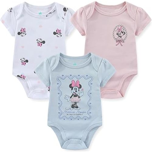 Disney Minnie Mouse Baby Girls 3 Pack Bodysuit for Newborn and Infant