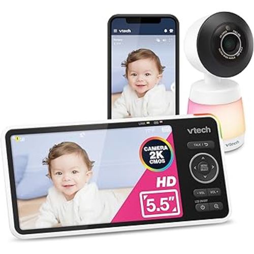 VTech Smart WiFi Baby Monitor, 2K CMOS Sensor Camera, 5.5-inch HD IPS Screen, Clear Infrared Night Vision, Pan-Tilt, 24x Zoom, 2-Way Talk, Multi-Color Night Light, Soothing, Free App: Smart HD Plus