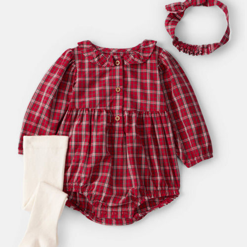 Red Baby Girl 3-Piece Plaid Print Long-Sleeve Bodysuit, Headwrap & Tights Set - Red | Carter’s Oshkosh Canada