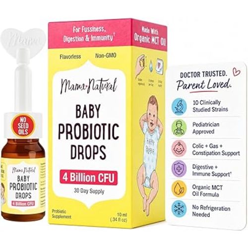 Mama Natural Baby Probiotic Drops | Pediatrician-Approved Infant Probiotic Colic Drops – Infant Gas, Constipation, Fussiness & Immune Support Supplement – 10 Strains & 4 Billion CFU with MCT Oil