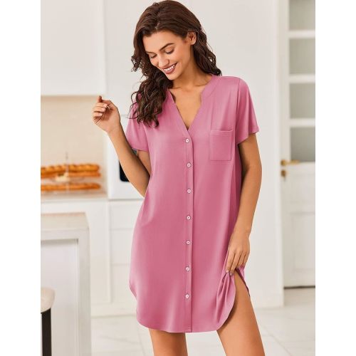 Ekouaer Women V Neck Button Down Nightgown