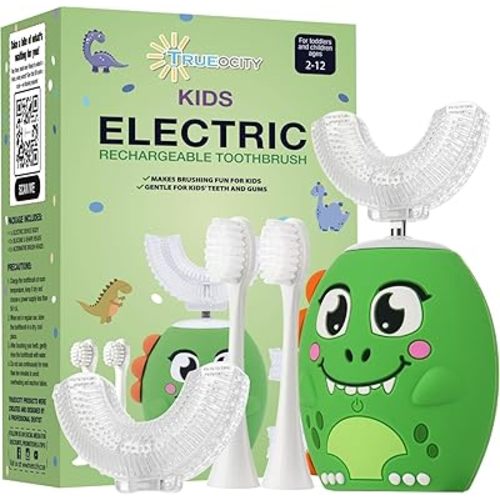 Trueocity Kids U Shape Toothbrush Auto Electric Toddler Rechargeable Kids Automatic Toothbrush | 360° U-Shaped Silicone Brush Head | Gentle Cleaning for Ages 2–7 | Dinosaur Design (Green)