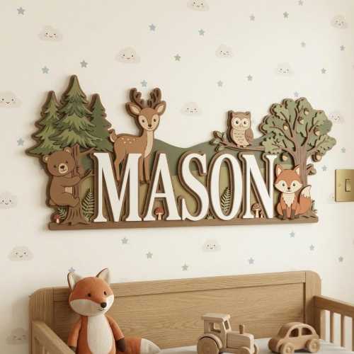 Personalized Woodland Name Sign for Nursery Wall Decor, 3D Wooden Forest Animal Name Plate, Custom Bear Deer Fox Owl Nursery Decor