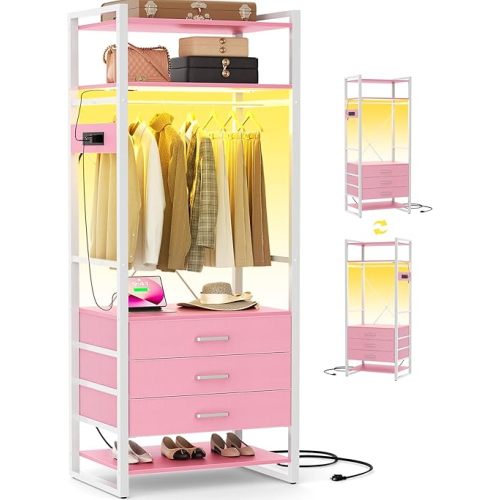 Cyclysio 75 '' Tall Garment Rack with 3 Fabric Drawers, 4-Tier Clothing Rack with Power Outlets & LED Lights, Closet System with Shoe Rack & Shelves for Small Spaces, Pink