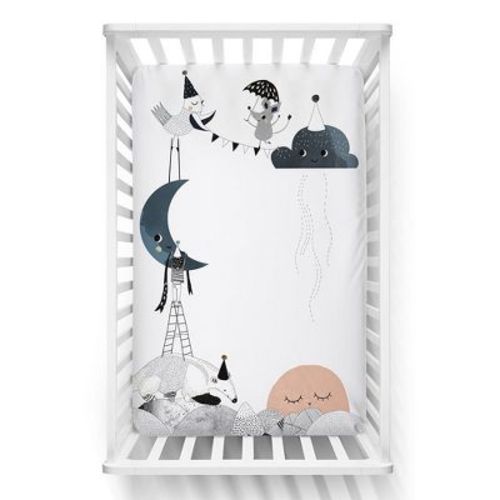Mini Crib Sheet - 100% Cotton - The Moon's Birthday by Rookie Humans. Fits standard Mini Cribs and Playards, 24x38 inches