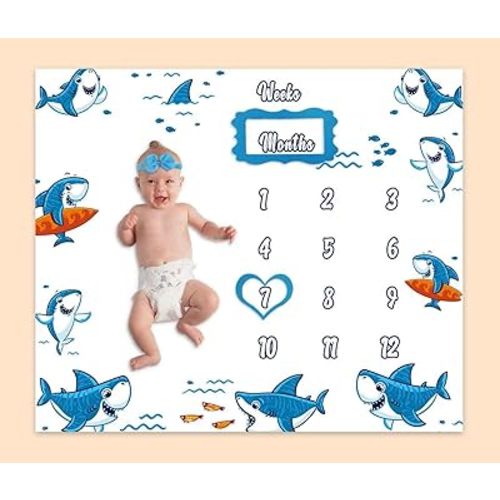 Baby Milestone Blanket Blue Shark Ocean Theme Growth Chart Month Blanket for Baby Pictures 48"x40" New Born Photography Backdrop 1 to 12 Months Shower Gifts Include 4 Frames, 1 Headband BTQQPH134