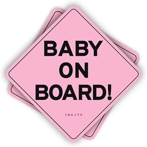 TRUSTY 2 Small Baby On Board Sticker Signs REPOSITIONABLE Decal for Cars (4", Pink)