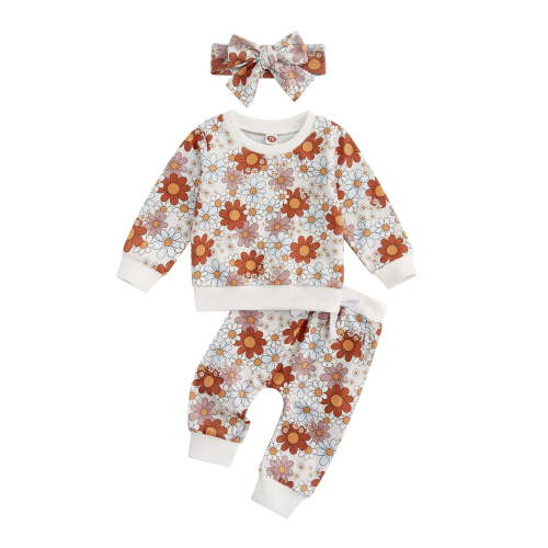 3Pcs Baby Girl Outfits Floral Sweatshirt + Pants + Headband Infant Fall Winter Clothes White 12-18 Months