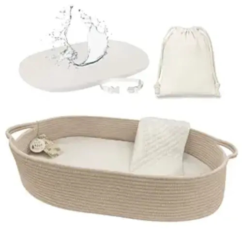 meloom Baby Changing Basket with Pads and Safety Belt- 100% Cotton Boho Baby Moses Basket Changing Table and Thick Pad with Waterproof Mattress Cover, Nursery Decor in Taupe Color with Storage Bag