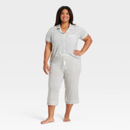 Women's Cloud Knit Modal Short Sleeve Notch Collar Top and Capri Pants Pajama Set - Auden™ Olive Striped 1X