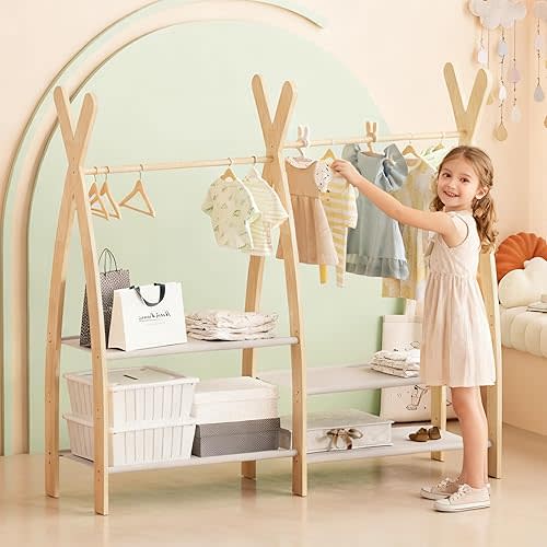 NACHES Kids Dress Up Rack for Girls, Double Toddler Clothing Rack with Storage, 2-Tier Hanging Closet Organizer with Bottom Shelves, Kids Garment Rack for Playroom Nursery