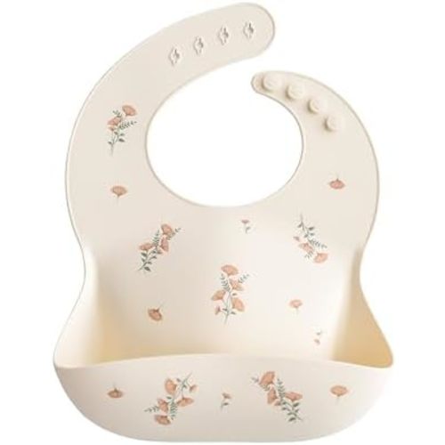 mushie Silicone Baby Bib | Adjustable Fit Waterproof Bibs (Pink Flowers)
