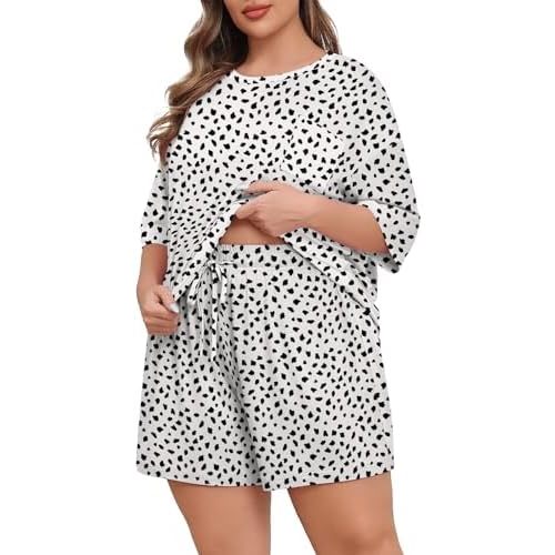 Lastshe Womens Plus Size Pajama Set 2 Piece Soft Short Sleeve with Pockets Summer Shorts Sleepwear Knit Pjs Lounge Set