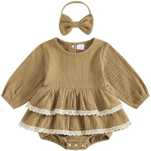 BeQeuewll Newborn Baby Girl Romper Fall Winter Clothes Infant Long Sleeve Linen Dress+Headband Cute Toddler Outfits