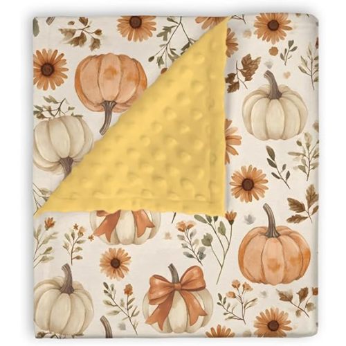 Mink Baby Girls Blankets Retro Pumpkin Sunflower, Fall Autumn Thanksgiving Soft Double Layer Dotted Backing Receiving Swaddle, Newborn Infant Toddler Nursery Crib Bedding Shower Gift 30" x 40"