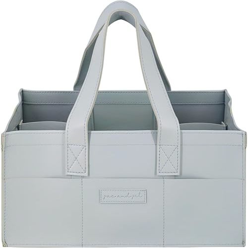 Premium Vegan Leather Baby Diaper Caddy Organizer – Portable Storage Basket for Newborn Essentials, Changing Table, Nursery, Car & Travel, Gifts for Baby Shower (Pastel Seafoam)