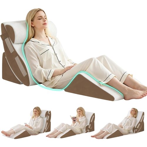 4PCS Wedge Pillow Set for After Surgery, Orthopedic Bed Wedge Pillow for Back Pain Relief, Sitting Up in Bed, Acid Reflux, Adjustable Post Surgery Pillows for GERD, Snoring, White/Brown