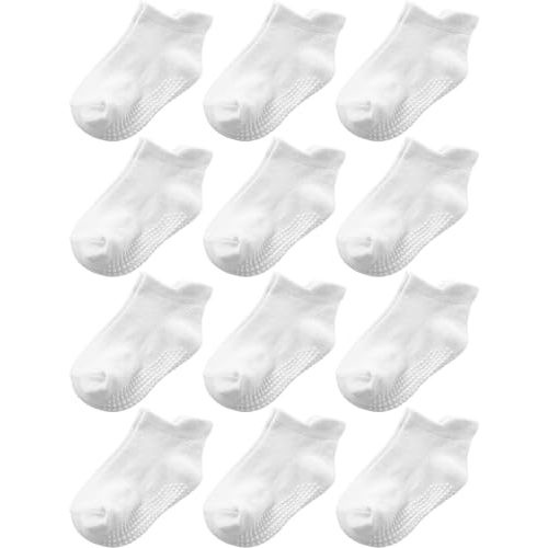 Baby Toddler Socks Grip Non Slip Boys Girls Kids Cotton 12 Pack Ankle Socks | Premium Cotton Soft Breathable,Anti-Slip Grips,6 Month-7T Grippy Toddler Socks,Elastic Cuffs,Unisex Daily All Season Wear