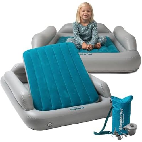 SlumberPod SlumberTot Inflatable Toddler Travel Bed - Portable Kids Air Mattress with Safety Bumpers - Perfectly Sized Ideal for Travel or Home Use - Includes Electric Pump