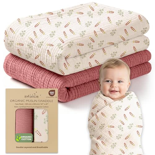 infancie 100% Organic Cotton Muslin Baby Blanket - 47x47 Inch Breathable Swaddle, Hypoallergenic Double-Layer, Versatile Use (Pink Floral, 47x47 Inch)