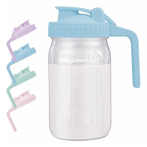 Breast Milk Pitcher with Leak Proof Flip Cap & Pour Spout, 32 oz Wide Mouth Mason Jars for Breast Milk Storage Container, Glass Picther with Lid for Cold Brew Coffee, Sun Tea, Juices, Blue