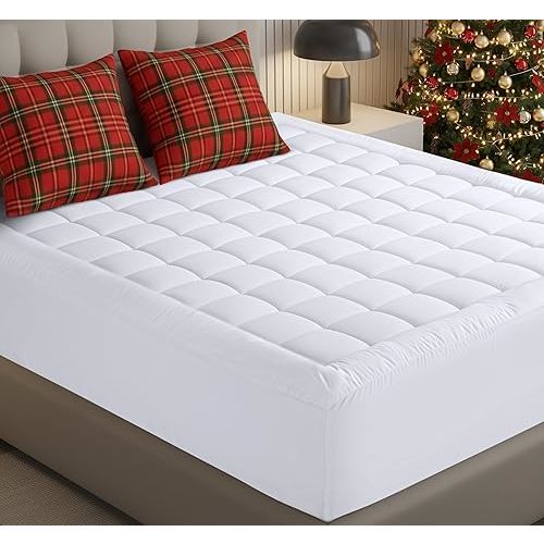 Utopia Bedding Queen Mattress Pad, Quilted Fitted Premium Mattress Protector, Deep Pocket Cover Stretches up to 16 Inches, Fluffy Pillow Topper (60x80 Inches, White)