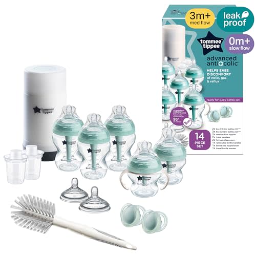 Tommee Tippee Advanced Anti-Colic 14 Piece Baby Bottle, Travel Bottle Warmer & Pacifier Set, 5 BPA Free Bottles, 0+ Months, 2 Newborn Pacifiers, 2 Extra Nipples, Cleaning Brush, Bottle Handles