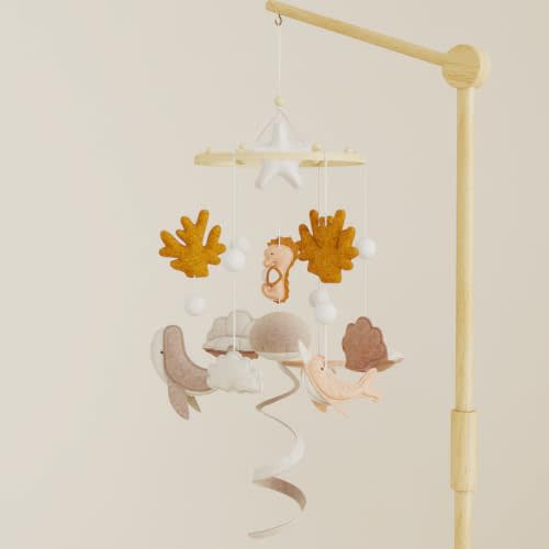 Baby Mobile for Crib – Handmade Ocean Baby Crib Mobile with Seahorse, Shell & Stingray, Nursery Mobiles with Beech Wood Ring, Mobile for Crib Hanging Toy, Neutral Felt Mobile for Bassinet Decor