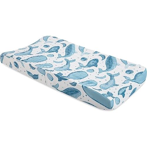 Crane Baby Quilted Changing Pad Cover with Animal Print, Breathable Cotton Sateen, Fits Standard 16”X32” Pads, Ocean Whale Blue