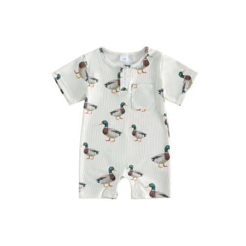 BemeyourBBs Newborn Baby Boy Mallard Duck Outfit Infant Baby Boys Summer Clothes Romper Shors Short Sleeve Duck Cattle Print Jumpsuit with Chest Pocket One Piece Playsuit