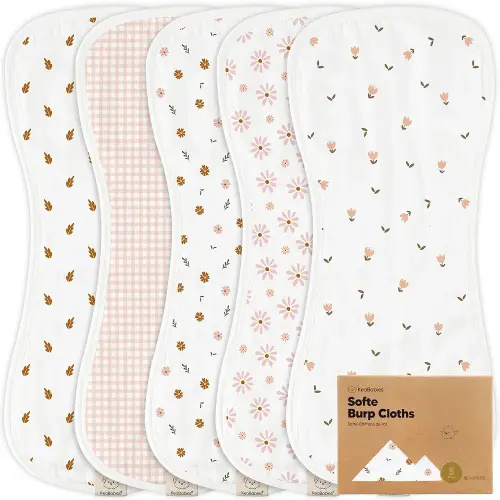 5-Pack Muslin Burp Cloths Baby Boy, Girl - Very Absorbent Baby Burp Cloth Rags, 8-Layers Viscose Derived from Bamboo Cotton Muslin Towel, Super Soft Spit Up Rags, No Shrink Washcloths (Petals)