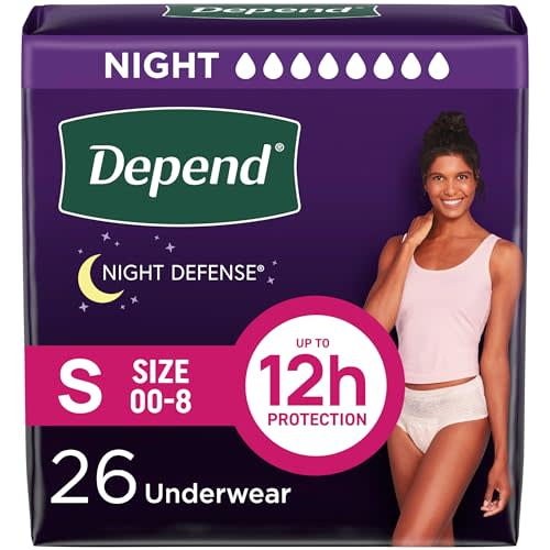 Depend Night Defense Adult Diapers, Incontinence & Postpartum Bladder Leak Underwear for Women, Disposable, Overnight, Small, Blush, 26 Count, Packaging May Vary