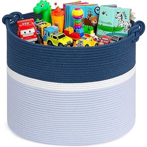 Goodpick 17"x16" Toy Storage for Kids, Home Décor Living Room, Baby Boy Gifts Basket for Nursery Playroom, Soft Woven Cotton Rope Basket for Blankets Pillows Clothes, Blue