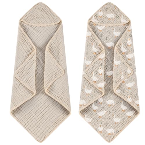 Hahafelt 2 Pcs Goose Baby Hooded Towels for Newborn 100% Muslin Cotton Baby Bath Towel with Hood for Babies Infant Toddler and Kids Large 32x32inch Soft Absorbent Kids Essential Gift